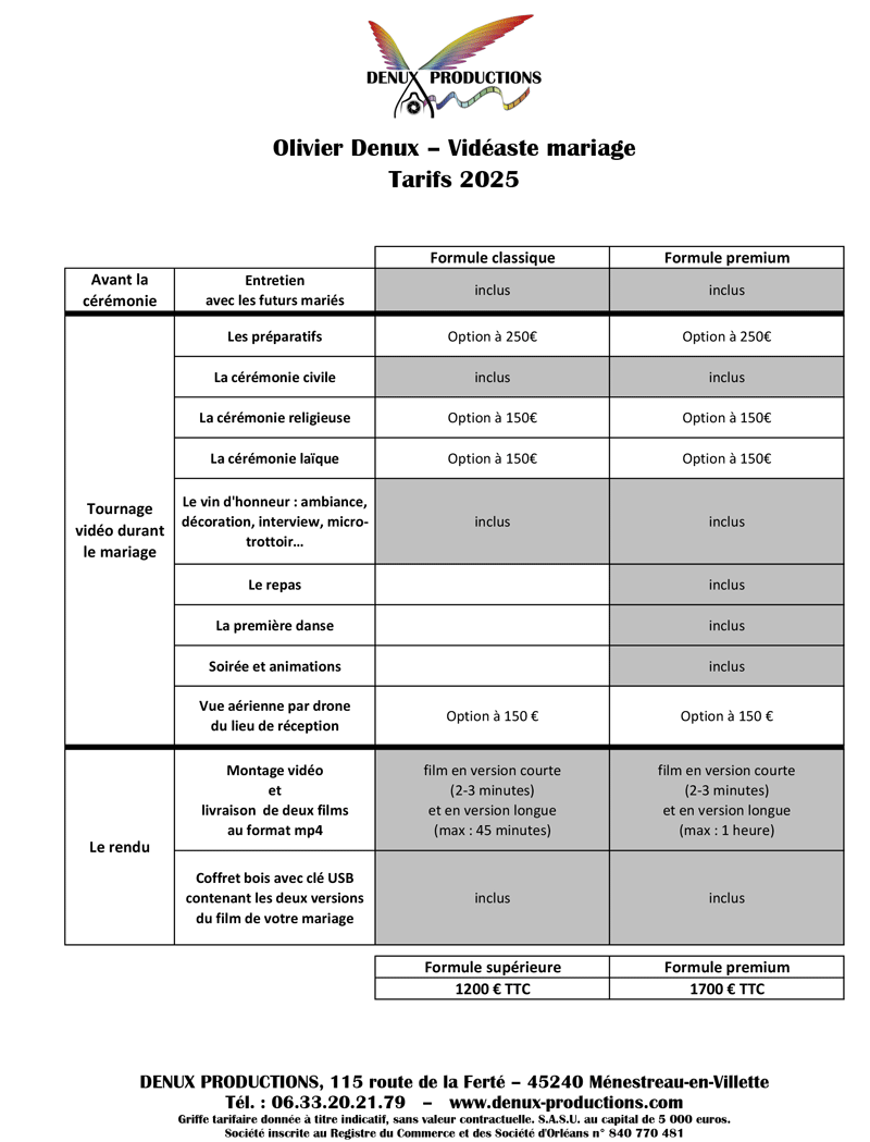videaste mariage region centre - orleans : grille tarifaire des differentes formules vidéos - film de mariage